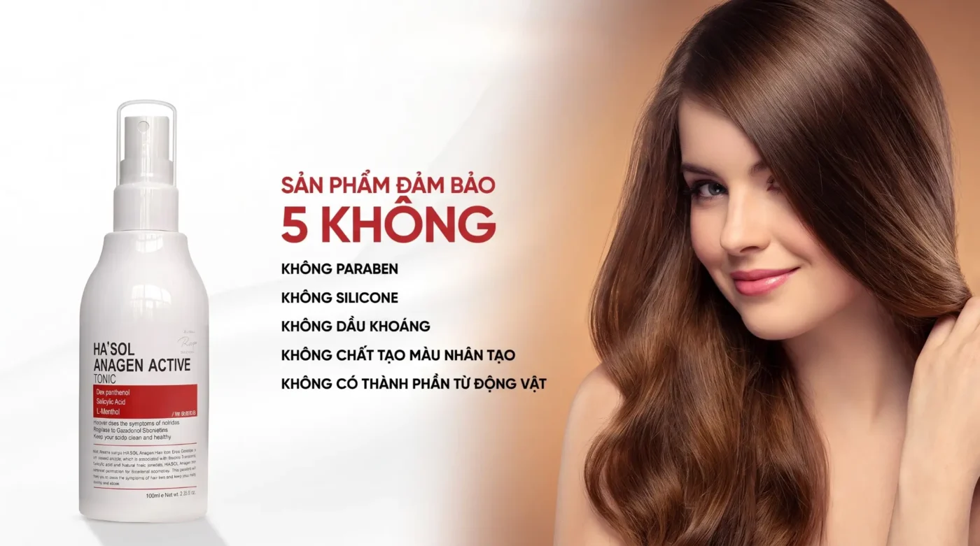 Đánh Giá Chuyên Sâu Hasol Anagen Active Tonic: &Quot;Đòn Bẩy&Quot; Nào Cho Mái Tóc Thưa Rụng? 1 Chai Xịt Ha'Sol Anagen Active Tonic Và Một Phụ Nữ Có Mái Tóc Khỏe Mạnh. Văn Bản Nêu Rõ 5 Điều Không: Không Paraben, Silicone, Dầu Khoáng, Màu Nhân Tạo, Thành Phần Động Vật.