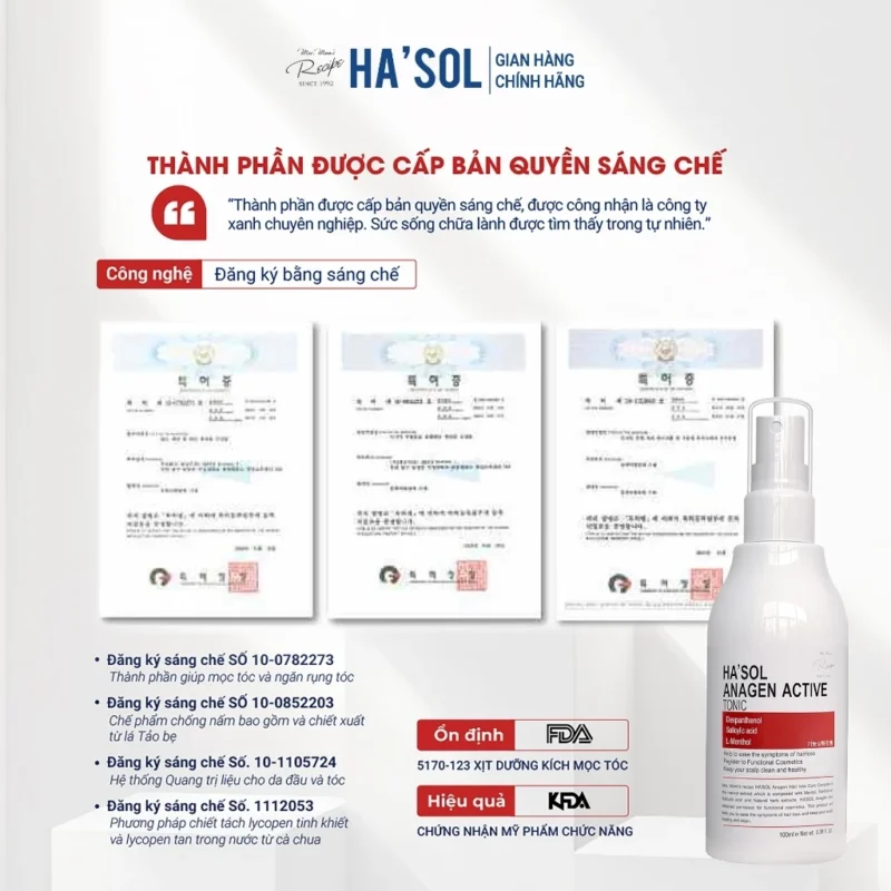 Đánh Giá Chuyên Sâu Hasol Anagen Active Tonic: &Quot;Đòn Bẩy&Quot; Nào Cho Mái Tóc Thưa Rụng? 3 Các Bằng Sáng Chế Được Cấp Cho Thành Phần Của Hasol, Bao Gồm 4 Số Bằng Sáng Chế Cụ Thể, Chứng Minh Tính Độc Quyền Và Sáng Chế Của Sản Phẩm.