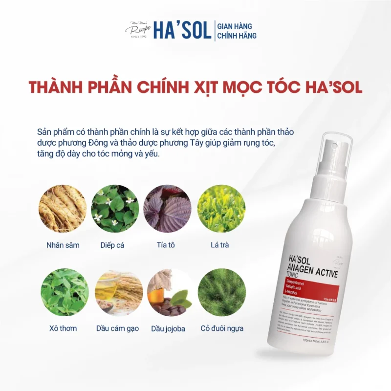 Đánh Giá Chuyên Sâu Hasol Anagen Active Tonic: &Quot;Đòn Bẩy&Quot; Nào Cho Mái Tóc Thưa Rụng? 2 Danh Sách Thành Phần Chính Thảo Dược Của Xịt Mọc Tóc Ha'Sol Anagen Active Tonic, Bao Gồm Nhân Sâm, Diếp Cá, Tía Tô, Lá Trà, Xô Thơm, Dầu Cám Gạo, Dầu Jojoba, Cỏ Đuôi Ngựa, Cùng Hình Ảnh Chai Sản Phẩm.