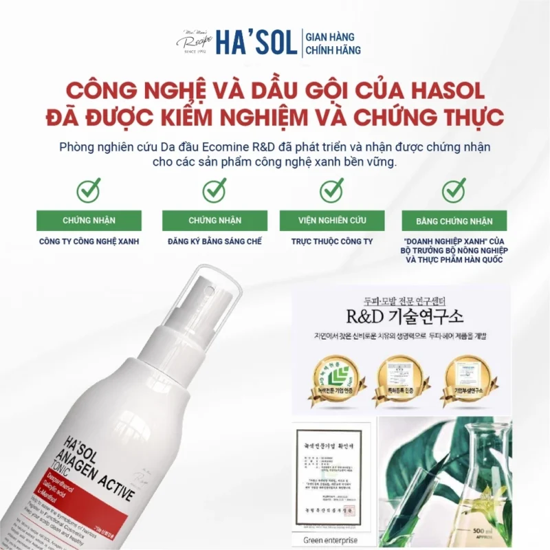 Đánh Giá Chuyên Sâu Hasol Anagen Active Tonic: &Quot;Đòn Bẩy&Quot; Nào Cho Mái Tóc Thưa Rụng? 7 Các Chứng Nhận Và Bằng Sáng Chế Của Công Nghệ Và Sản Phẩm Ha'Sol, Bao Gồm Chứng Nhận Công Ty Công Nghệ Xanh, Doanh Nghiệp Xanh, Và Hình Ảnh Phòng Nghiên Cứu R&Amp;D.