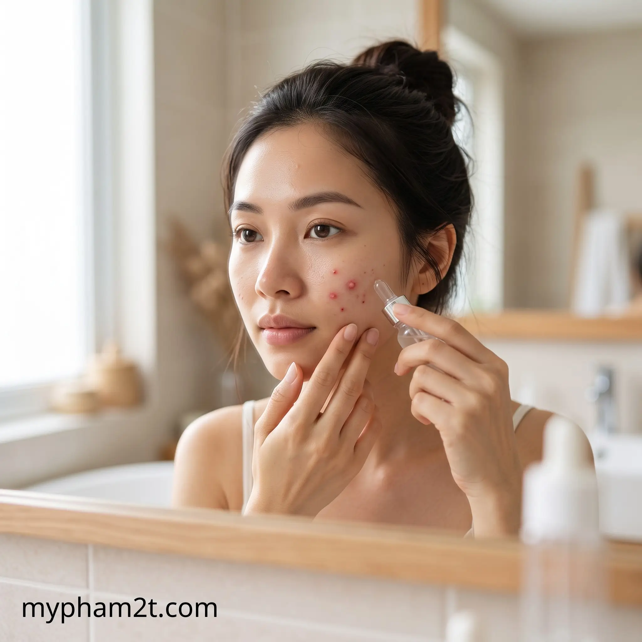 Cách Làm Dịu Và Xử Lý Mụn Sưng Viêm An Toàn Chuẩn Y Khoa 4 Cô Gái Dùng Tăm Bông Chấm Tinh Chất Đặc Trị Lên Nốt Mụn Sưng Trước Gương.