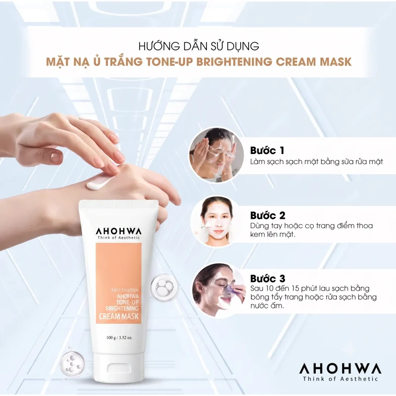 Hình Ảnh Infographic Hướng Dẫn 3 Bước Sử Dụng Mặt Nạ Ủ Trắng Ahohwa ToneUp Brightening Cream Mask Chi Tiết.