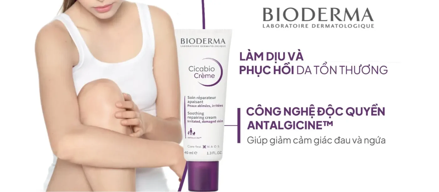 Kem Dưỡng Phục Hồi Bioderma Cicabio Crème Tím Chứa Công Nghệ Antalgicine Giúp Làm Dịu Da Tổn Thương.