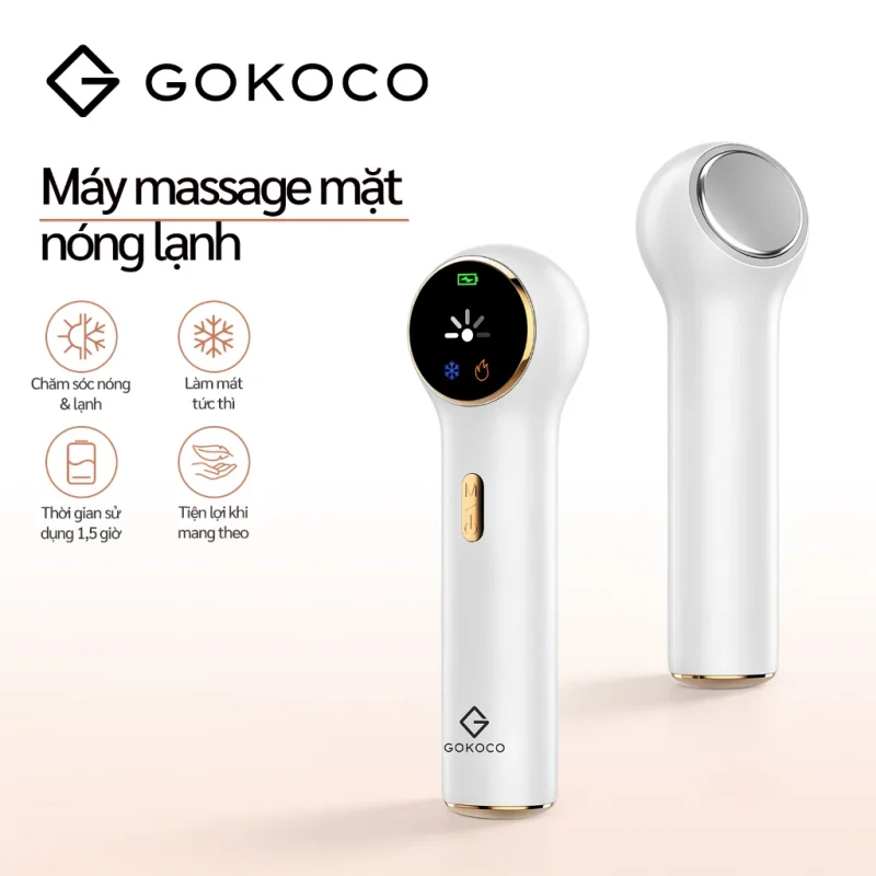 Máy Đẩy Tinh Chất Nào Tốt? Review 5 Mẫu Đáng Đầu Tư Tại Nhà 3 Máy Massage Mặt Nóng Lạnh Gokoco Màu Trắng Gold, Hai Góc Nhìn Đầu Nhiệt