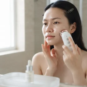 Nữ Giới Dùng Máy Đẩy Tinh Chất Cầm Tay Trắng Hồng Trên Má, Serum Để Trên Khay Phòng Tắm