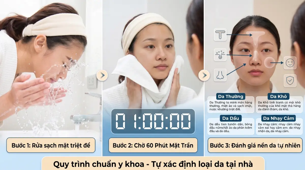 Hình Ảnh 3 Bước Phân Biệt Các Loại Da Mặt Chuẩn Y Khoa Tại Nhà, Bao Gồm Da Thường, Da Khô, Da Dầu Và Da Nhạy Cảm.