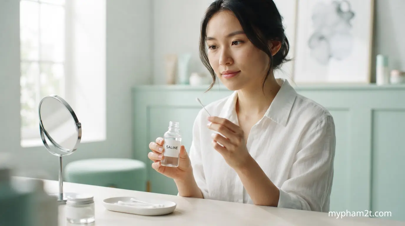 Sát Khuẩn Vết Thương Sau Lấy Nhân Mụn Bằng Nước Muối Sinh Lý