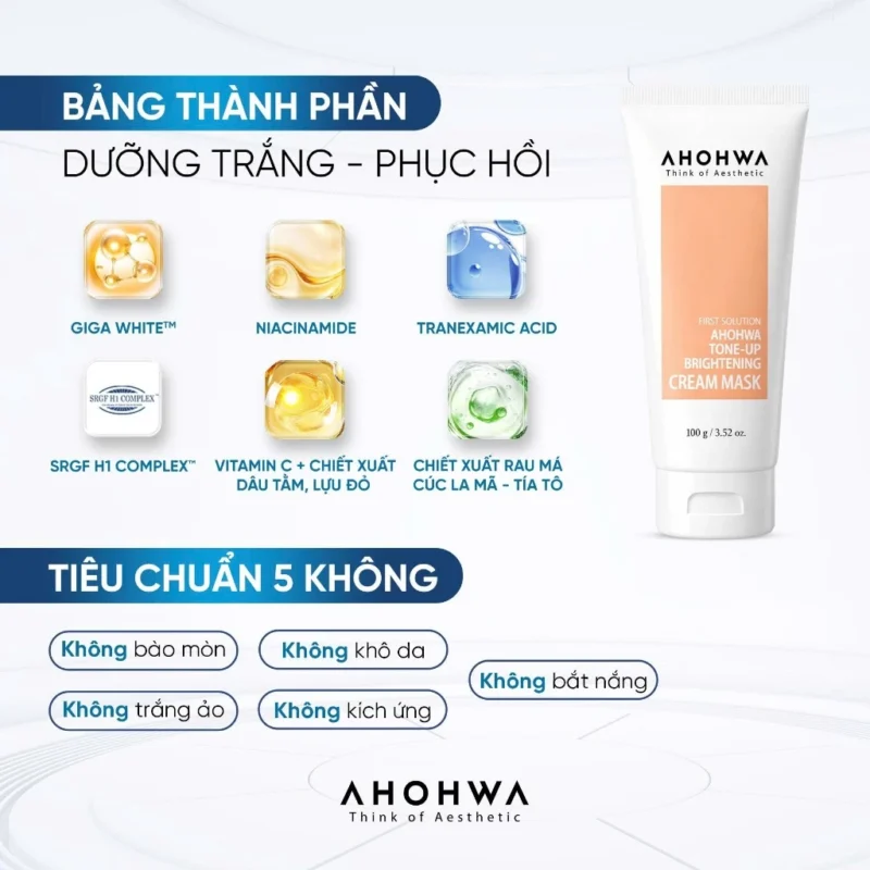 Bảng Thành Phần Chi Tiết Mặt Nạ Ủ Trắng Ahohwa Và Cam Kết Tiêu Chuẩn 5 Không: Không Bào Mòn, Không Trắng Ảo, Không Kích Ứng.