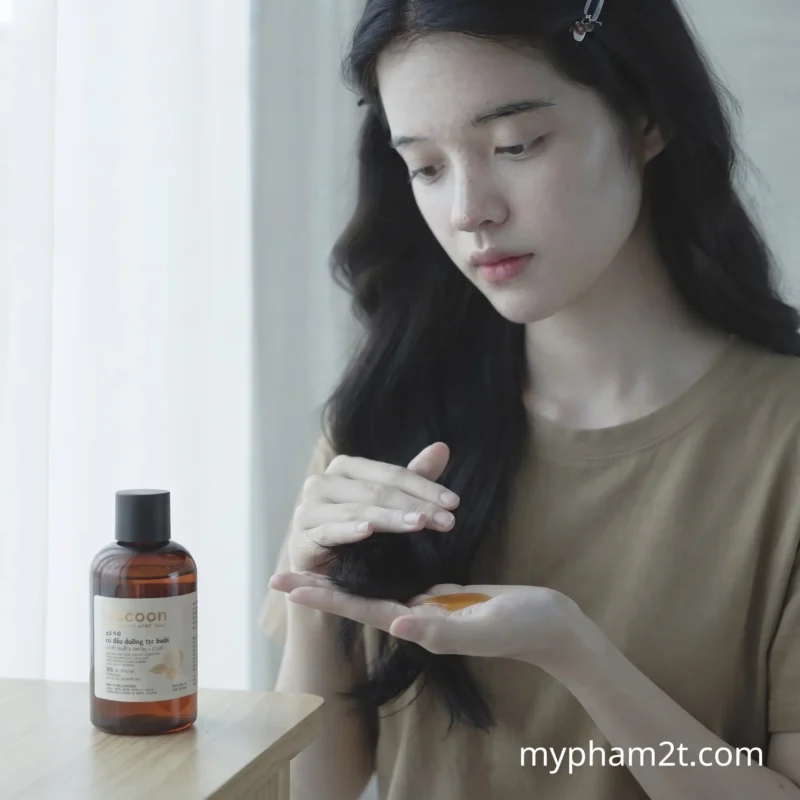 Phụ Nữ Trẻ Thoa Đều Dầu Dưỡng Lên Thân Và Ngọn Tóc Ẩm