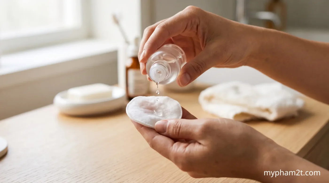 Cách Dùng Bha Trị Mụn Ẩn Lấy Dung Dịch Ra Bông Tẩy Trang Để Thoa Lên Da.