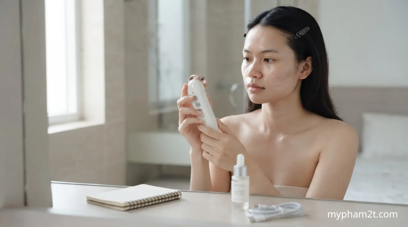 Máy Đẩy Tinh Chất Nào Tốt? Review 5 Mẫu Đáng Đầu Tư Tại Nhà 2 Người Phụ Nữ Cầm Máy Đẩy Tinh Chất Xem Kỹ Trước Khi Dùng, Bên Cạnh Sổ, Serum Và Cáp Sạc