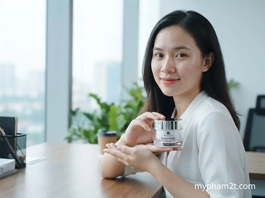 Phụ Nữ Công Sở Áp Dụng Cách Thoa Kem Dưỡng Ẩm Chăm Sóc Da Nhanh Chóng Tại Bàn Làm Việc