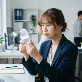 Cô Gái Đang Soi Gương Kiểm Tra Lớp Nền Bị Xuống Tông Và Xỉn Màu Giữa Ngày