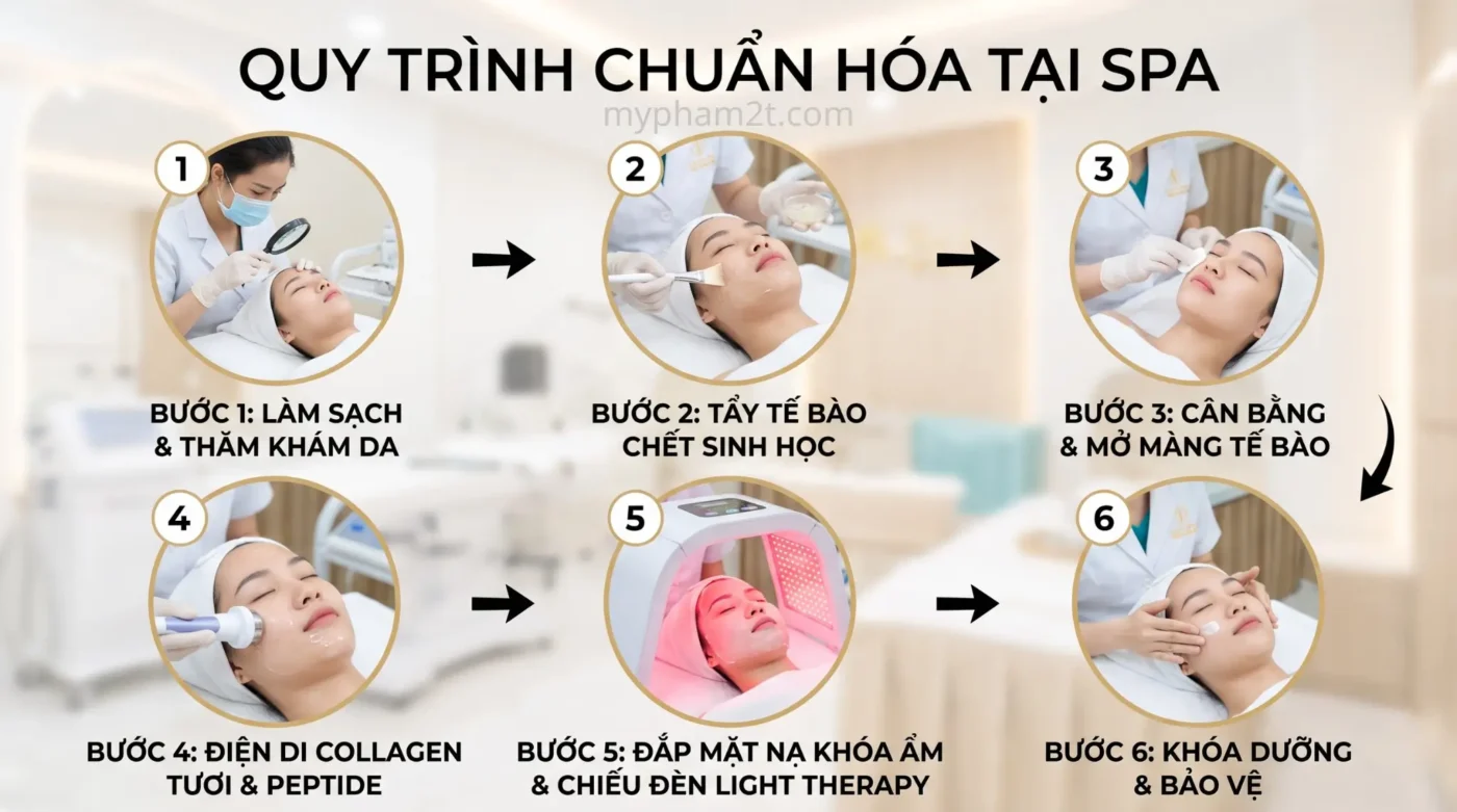 Quy Trình Chăm Sóc Da Chuẩn Y Khoa 6 Bước Tại Spa Gồm Thăm Khám, Tẩy Tế Bào Chết, Điện Di Collagen Peptide, Đắp Mặt Nạ Chiếu Đèn Light Therapy Và Khóa Dưỡng