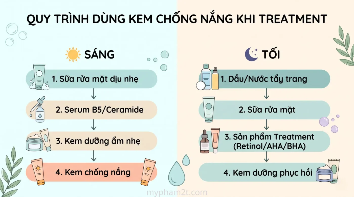 Sơ Đồ Quy Trình Dùng Kem Chống Nắng Cho Da Treatment Chuẩn Y Khoa Sáng Và Tối Gồm Các Bước Làm Sạch, Serum B5, Kem Dưỡng Ẩm Và Sản Phẩm Điều Trị